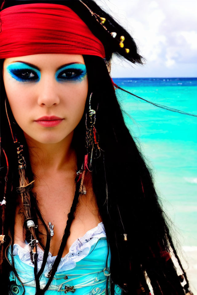 Pirate costume with blue eye makeup on tropical beach