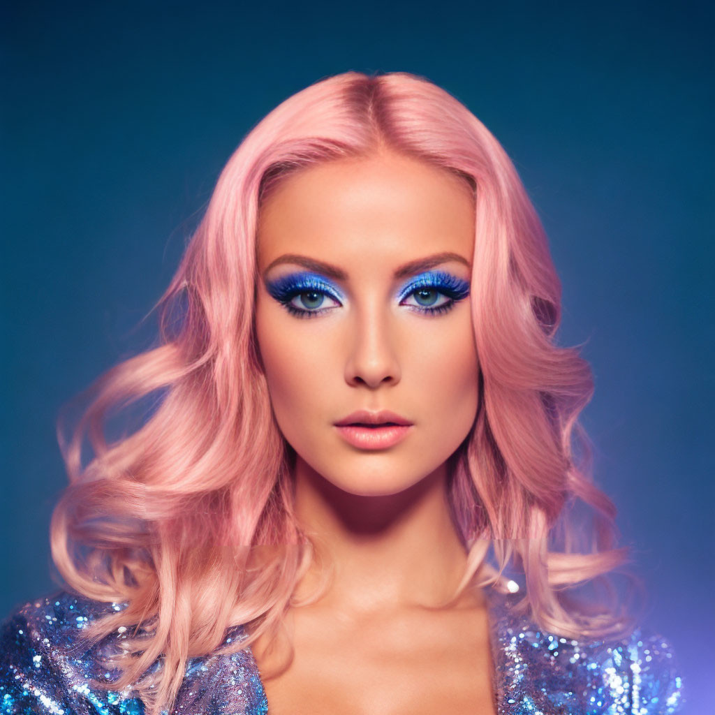 Pink-haired woman in bold blue eyeshadow and sparkling outfit on blue background