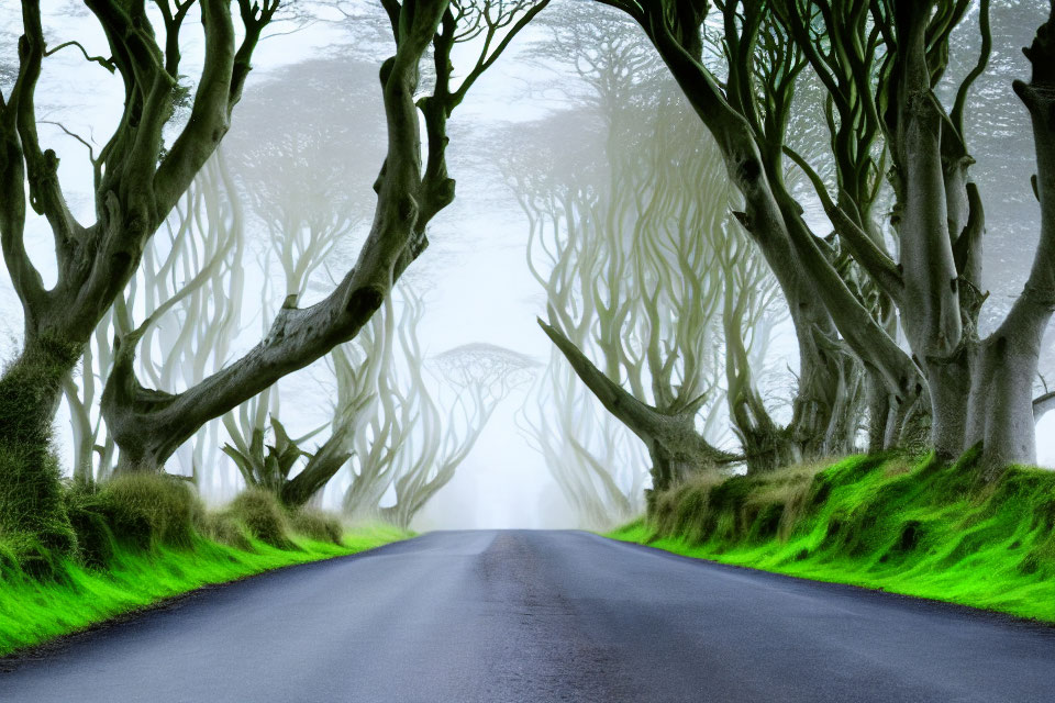 Misty road with twisted beech trees and green grass