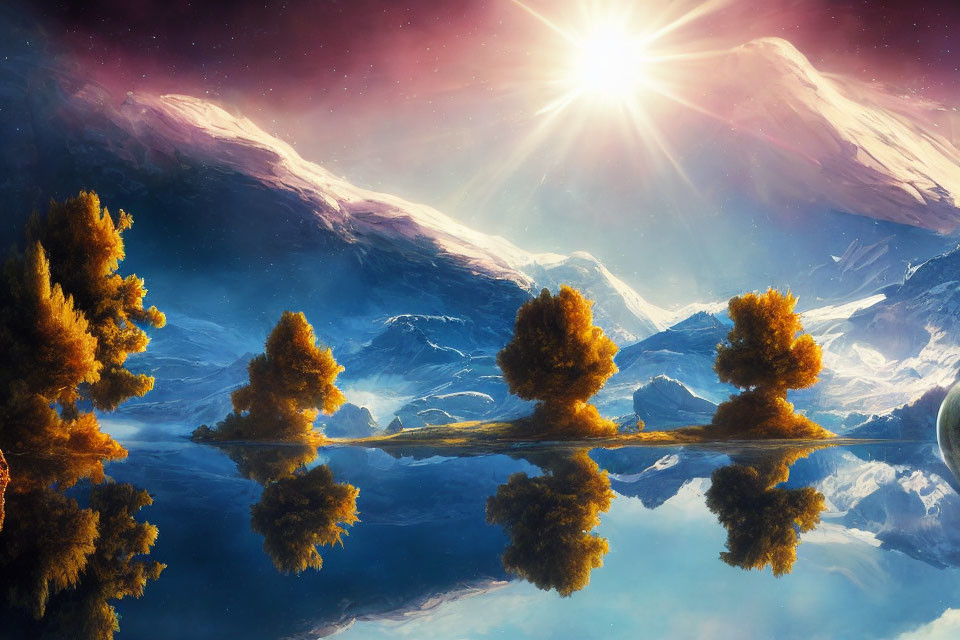 Golden Trees Reflected in Water with Mountains and Sun