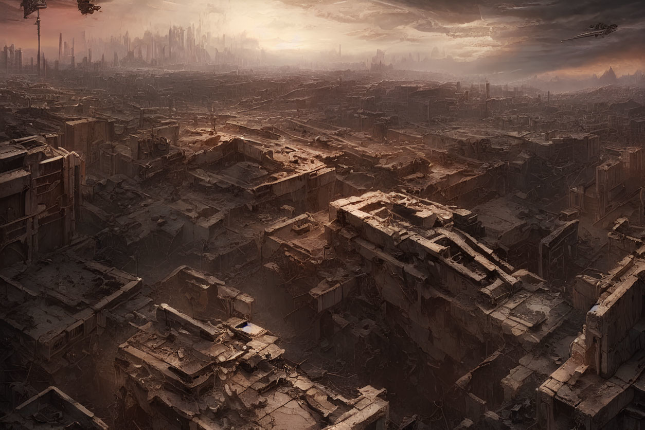 Dusky sky over ruined cityscape with futuristic skyline and hovering spacecraft