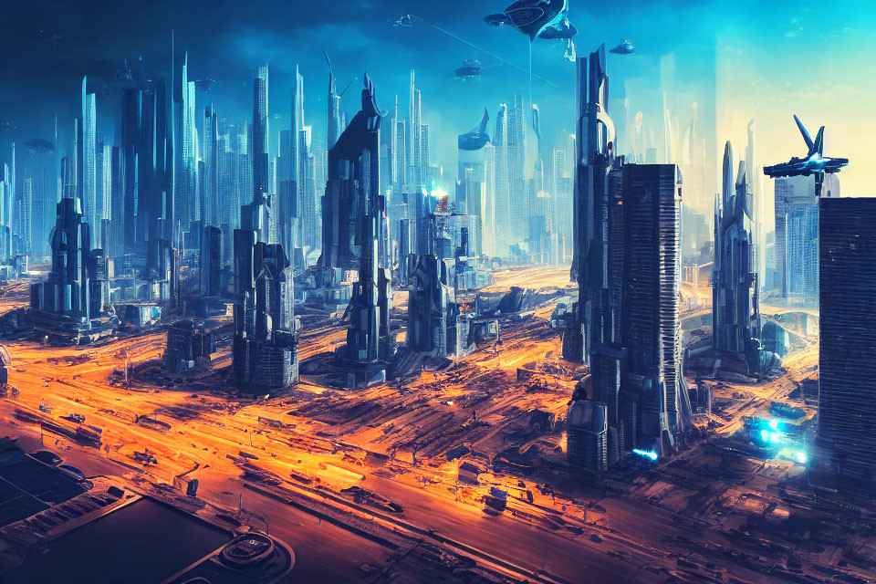 Futuristic cityscape with skyscrapers, illuminated streets, and flying vehicles at dusk