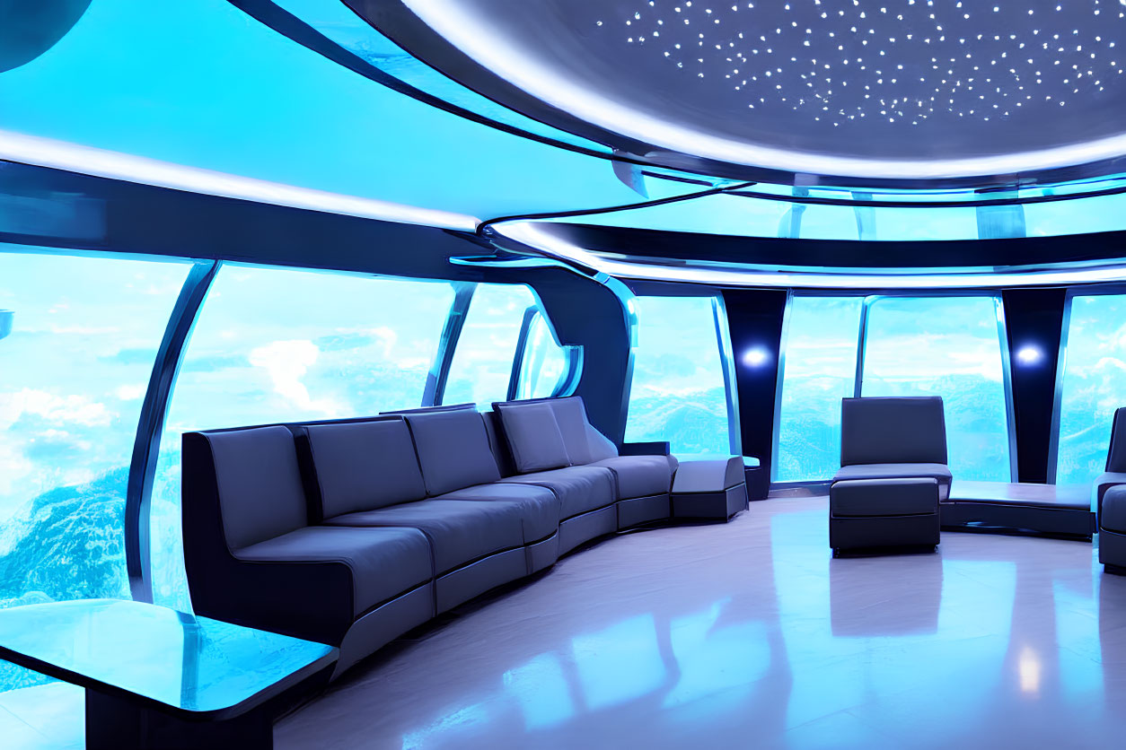 Modern spaceship interior with mountain view, sectional sofa, armchairs, starry ceiling