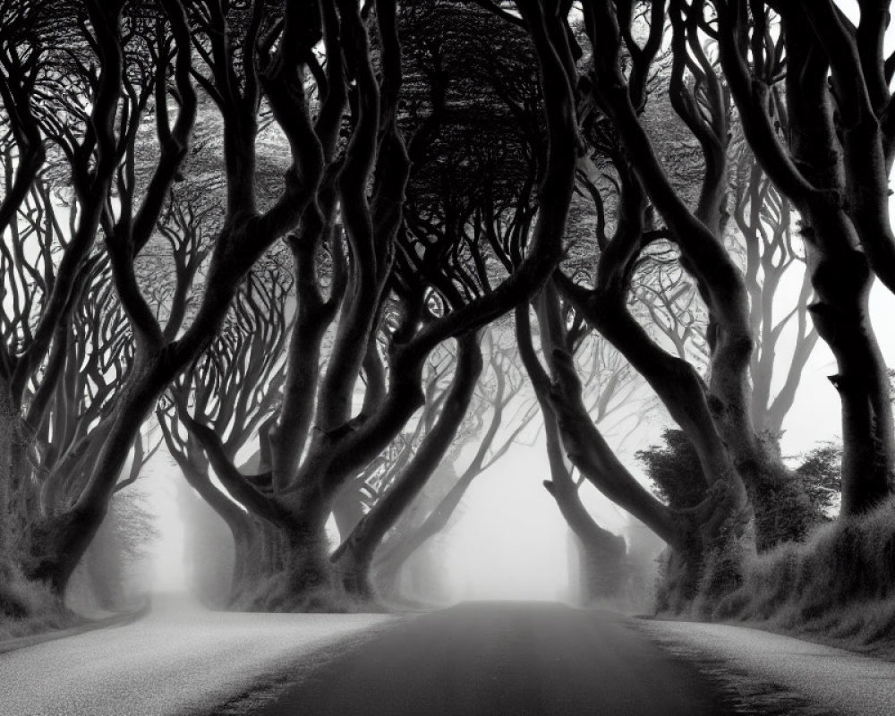 Monochromatic misty road with twisted tree archway