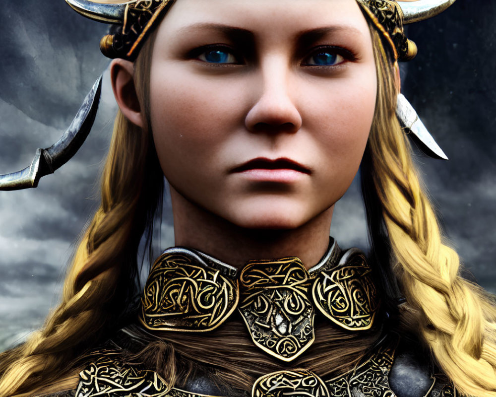 Digital portrait of woman in Viking-inspired armor with blue eyes