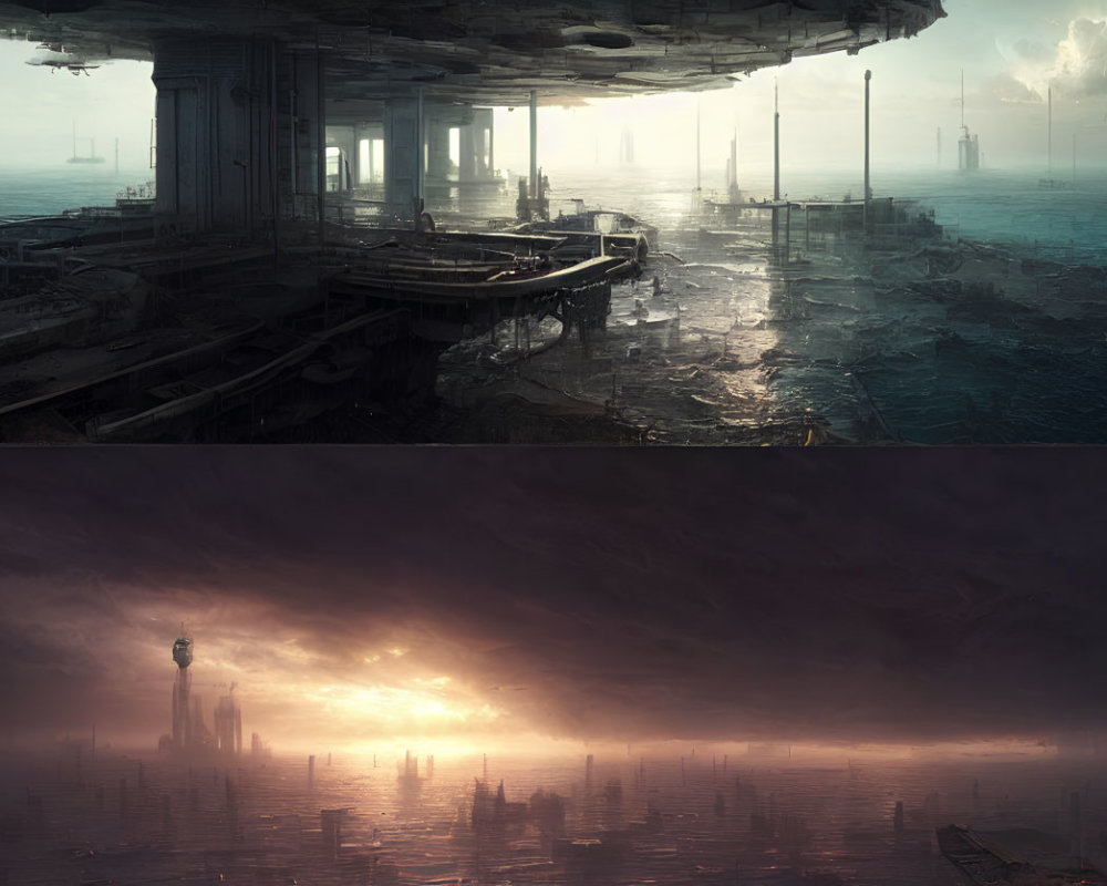 Dystopian cityscape split between abandoned daylight scene and submerged sunset remnants