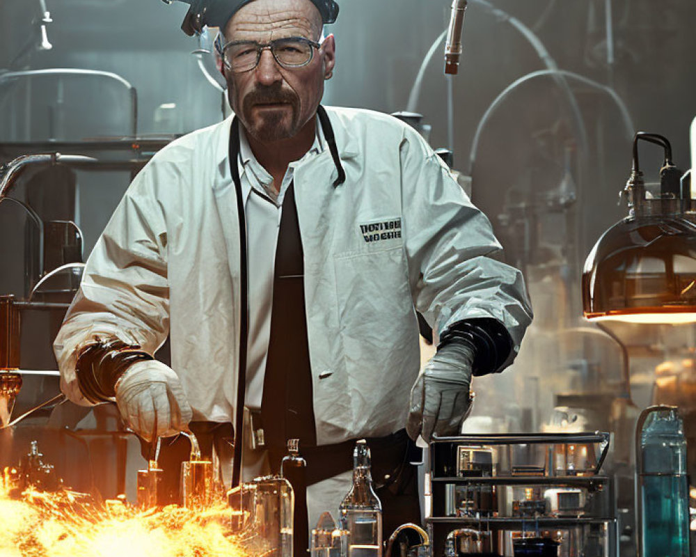 Scientist in lab coat observes fiery chemical reaction in laboratory