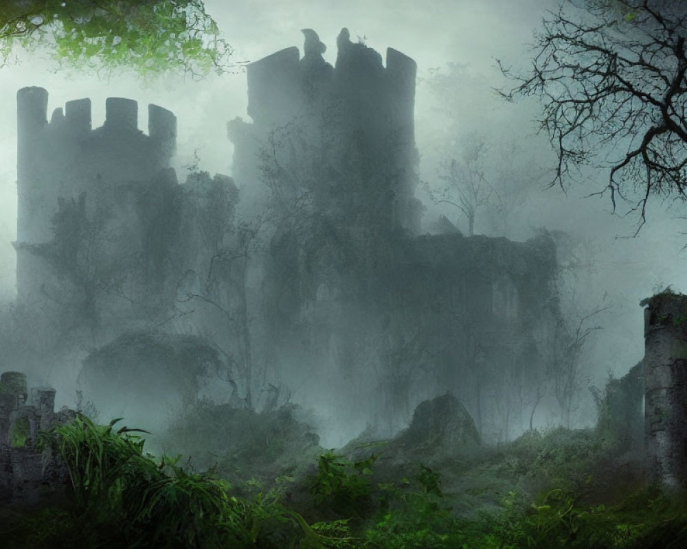 Misty ruins with silhouettes on stone tower in dense foliage