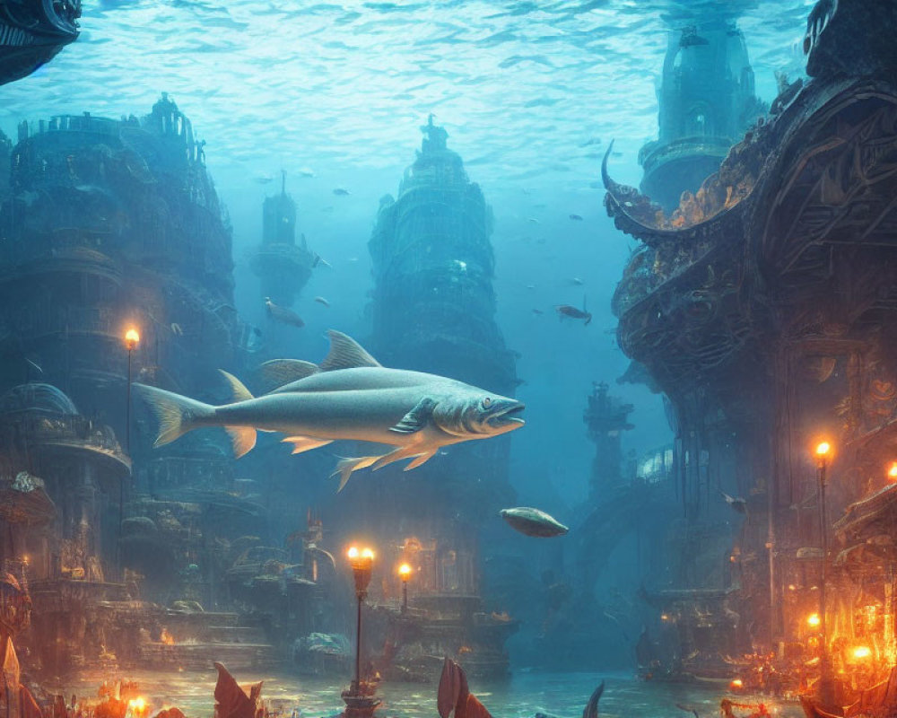 Illuminated underwater cityscape with swimming fish