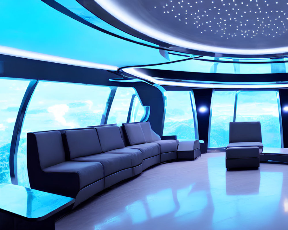 Modern spaceship interior with mountain view, sectional sofa, armchairs, starry ceiling