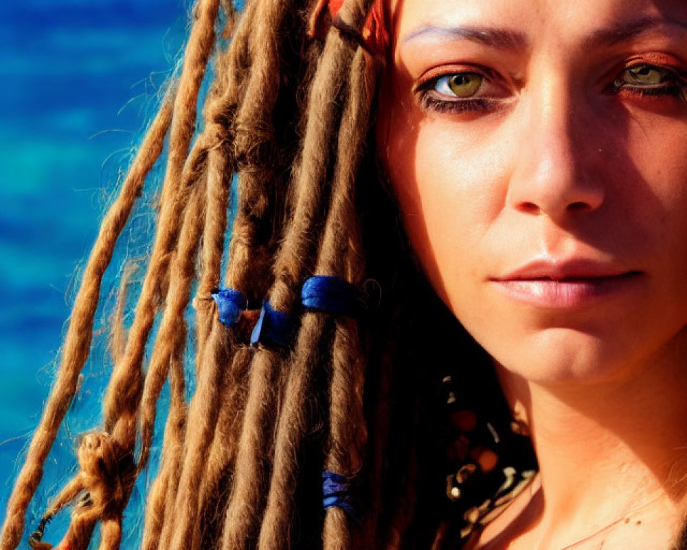 Braided hair with beads and headband against blue sea background