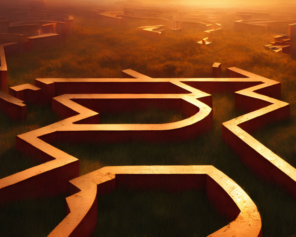 Detailed 3D maze under golden sunrise with soft glowing light in a field