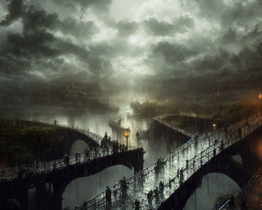 Multiple Arched Bridges Over Murky River Under Stormy Sky