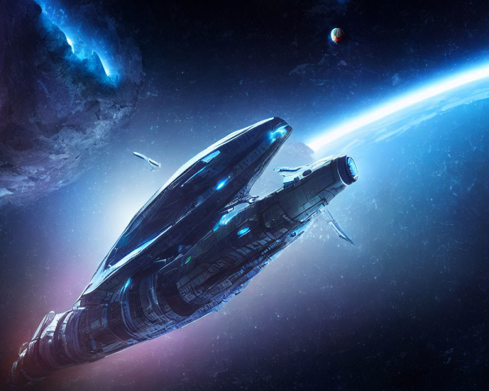 Futuristic spaceship orbiting vivid blue planet in space.