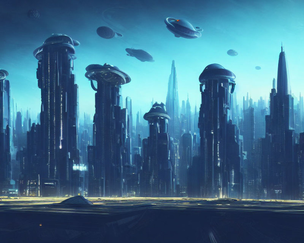 Futuristic cityscape with skyscrapers and flying vehicles