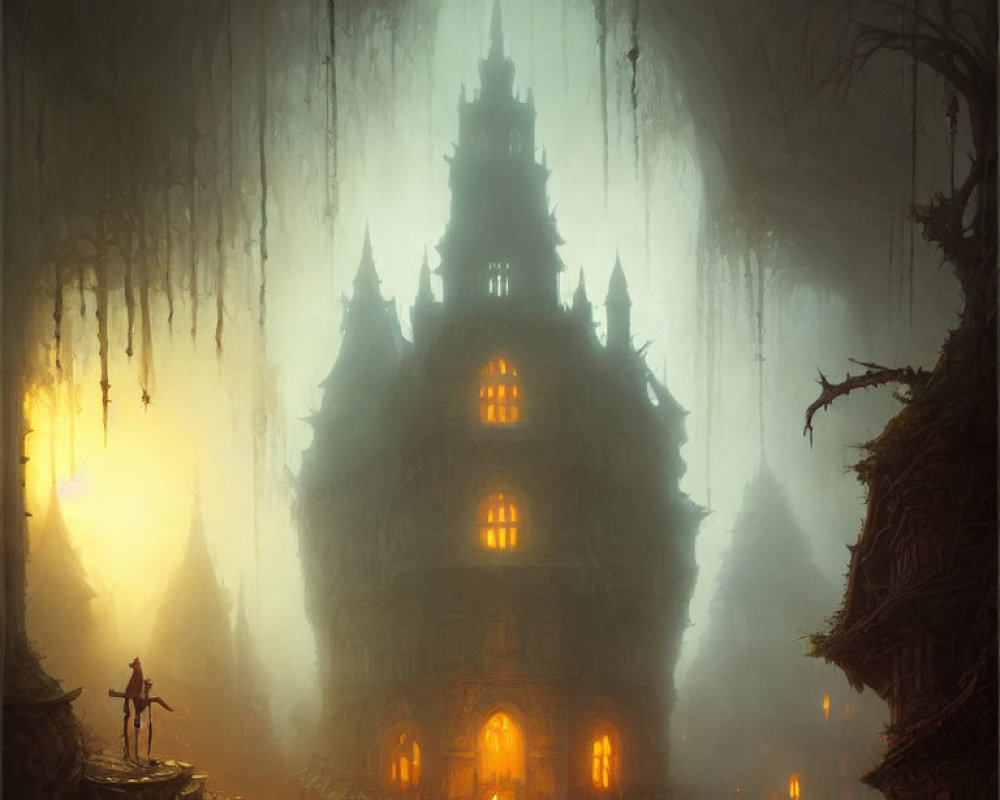 Gothic castle in misty forest with lone observer