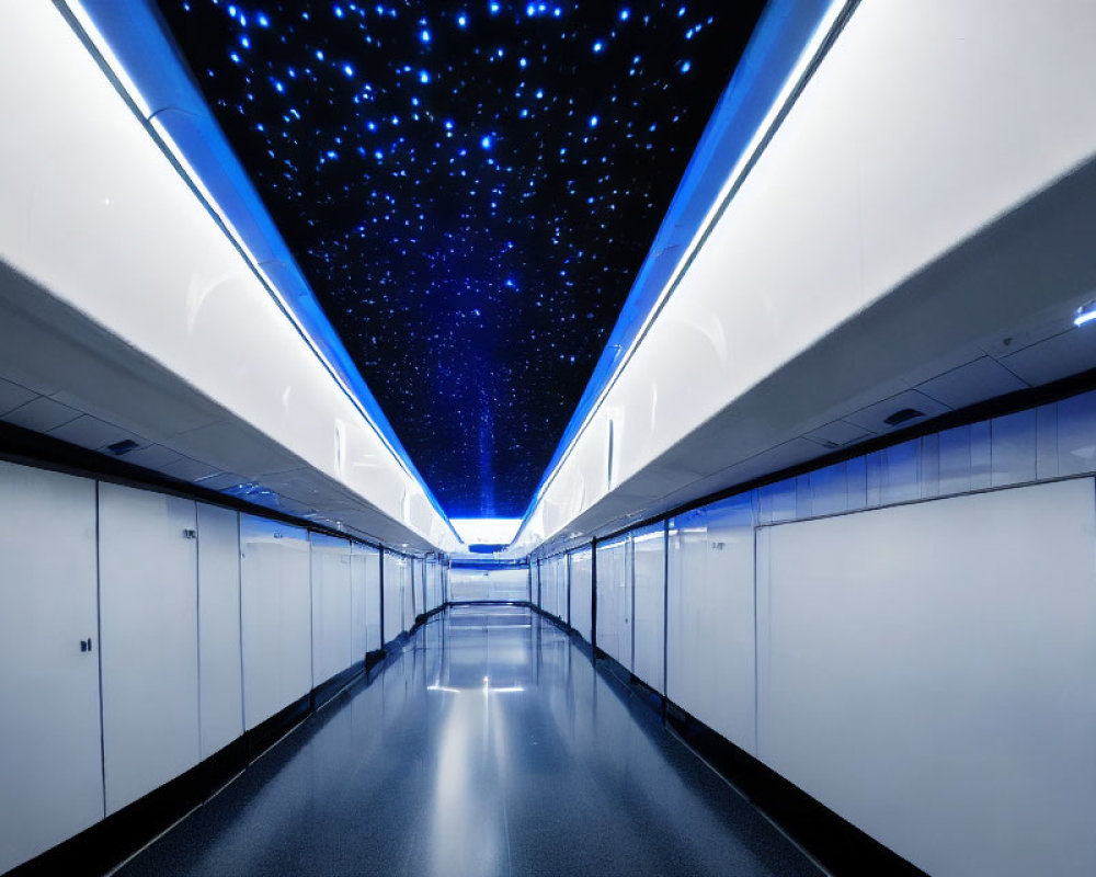 Modern corridor with starry ceiling lighting and reflective floor