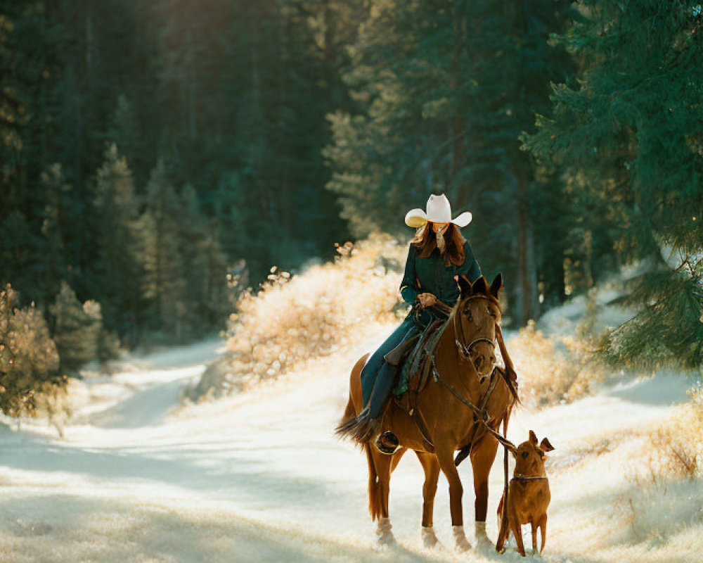 Cowboy hat person rides horse with dog in snowy forest trail.