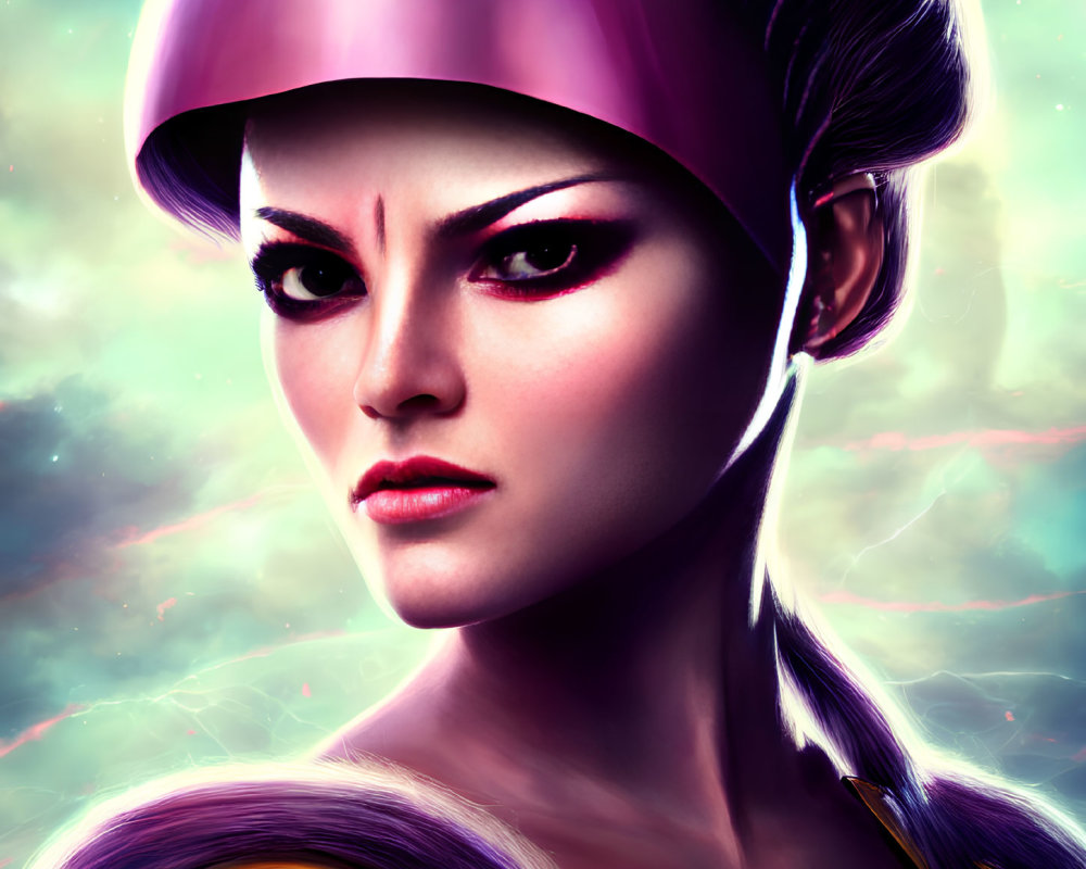 Digital Artwork: Fierce Woman in Purple Helmet on Cosmic Background