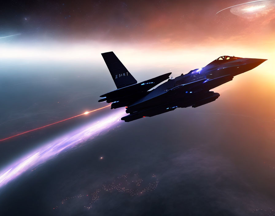 Dramatic sky with cosmic light trails and fighter jet in high-speed flight