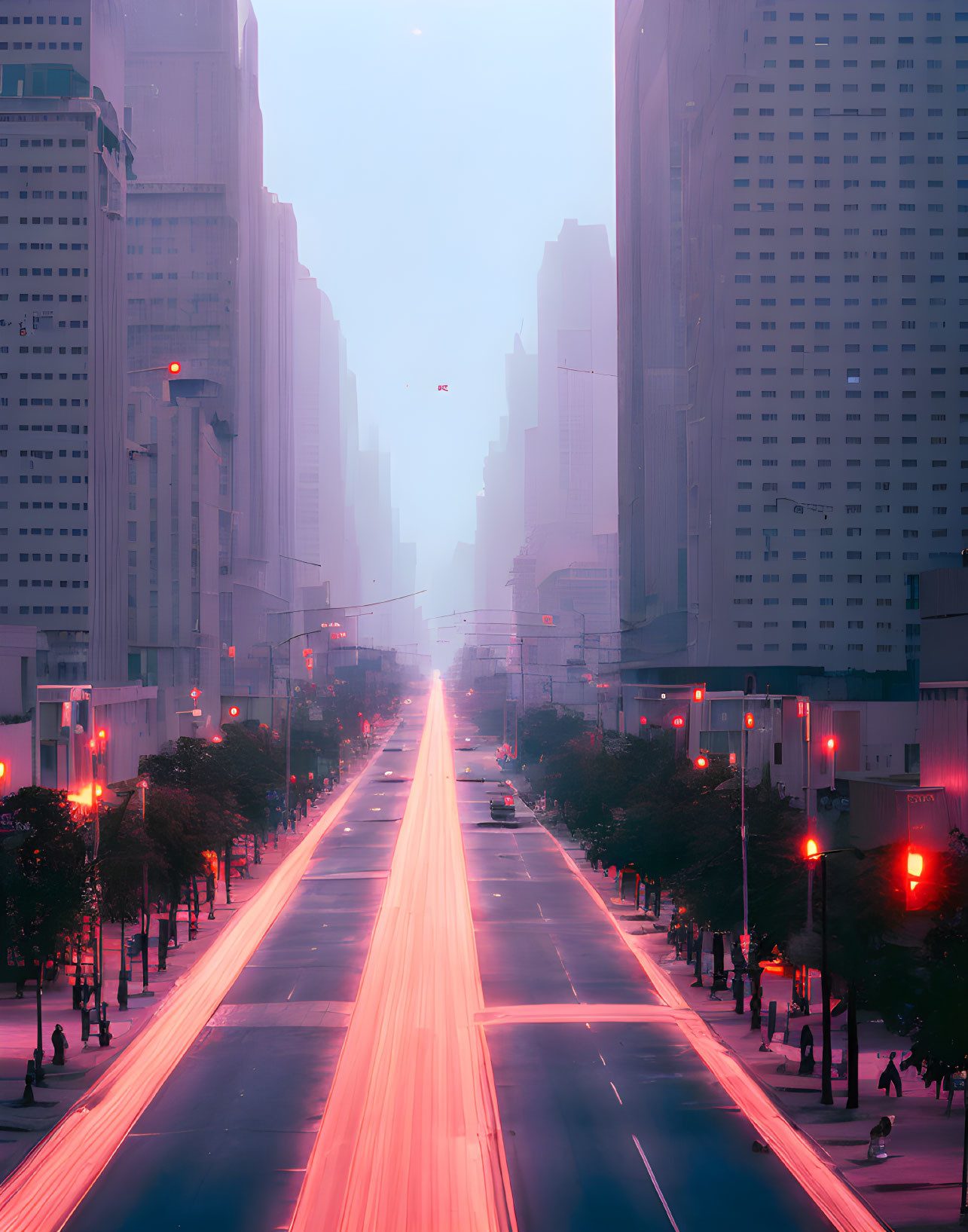 City street twilight scene with light trails and tall buildings under purple sky