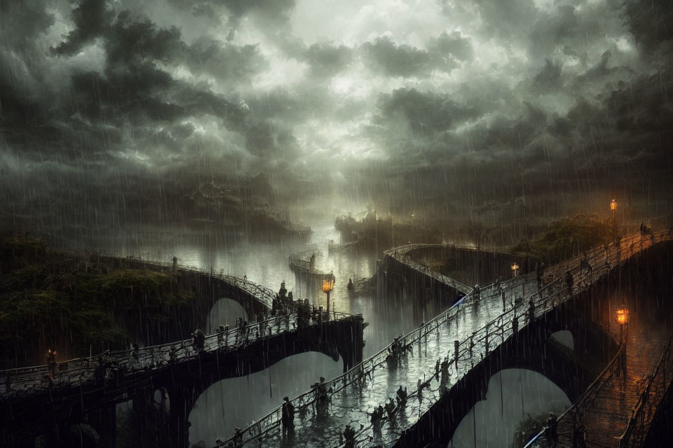 Multiple Arched Bridges Over Murky River Under Stormy Sky