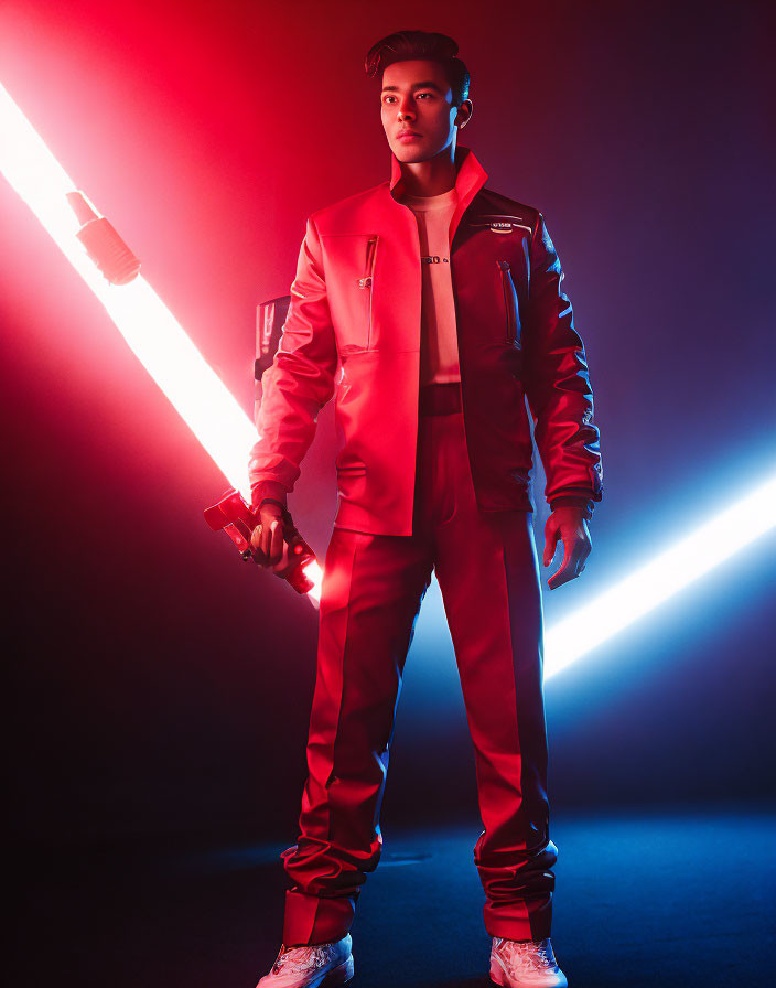 Figure in red outfit wields dual-colored lightsaber