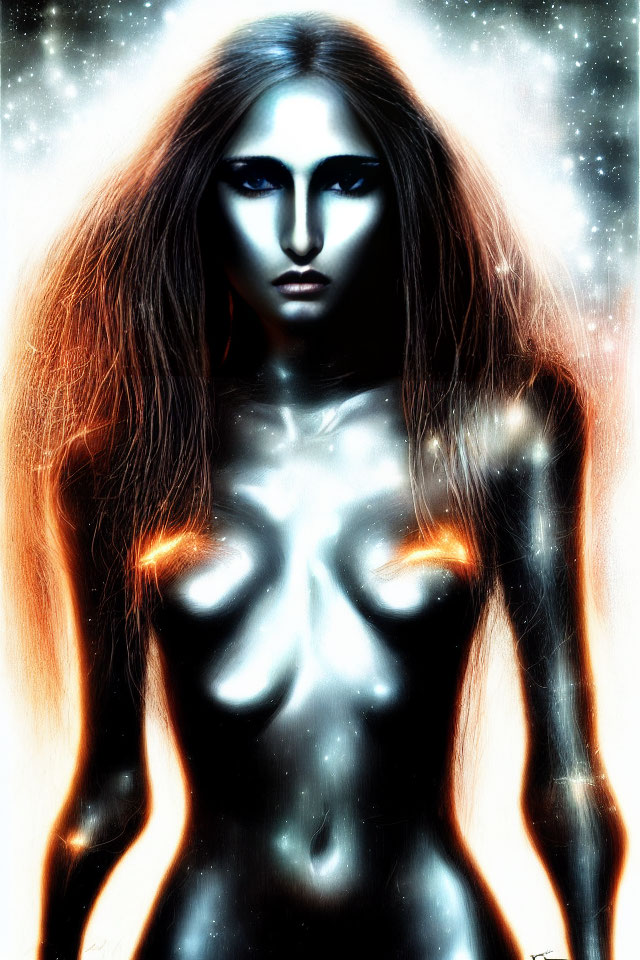 Digital art of woman with luminescent blue skin and dark eyes against starry background