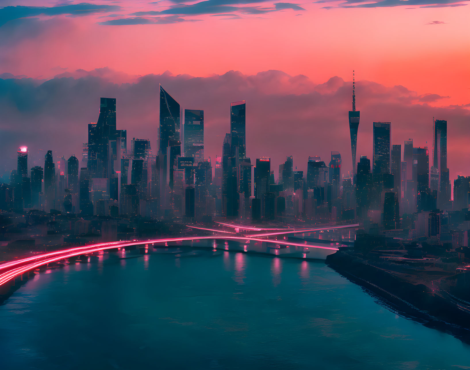 Futuristic city skyline at sunset with pink and blue hues