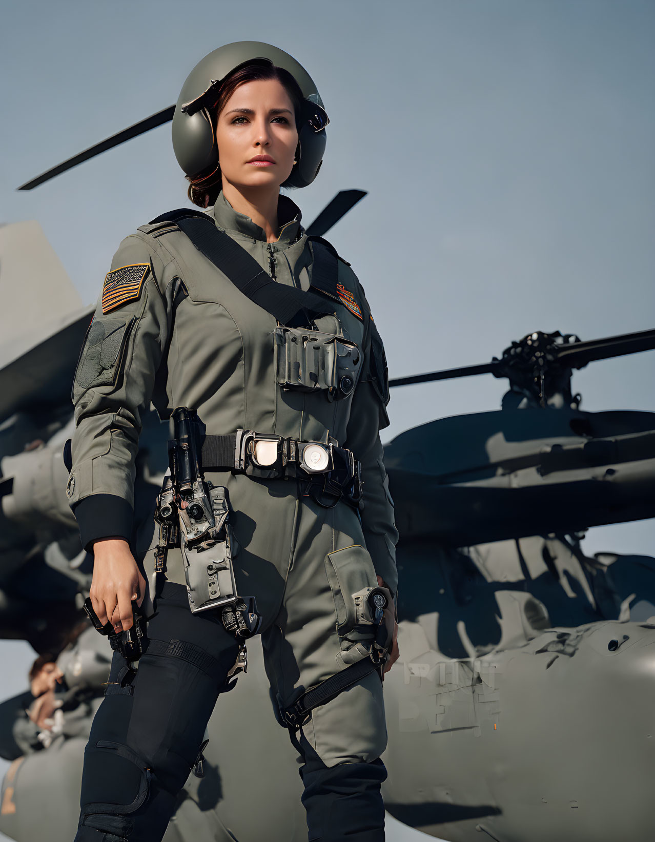 Female pilot in flight suit with helmet and gear by military helicopter