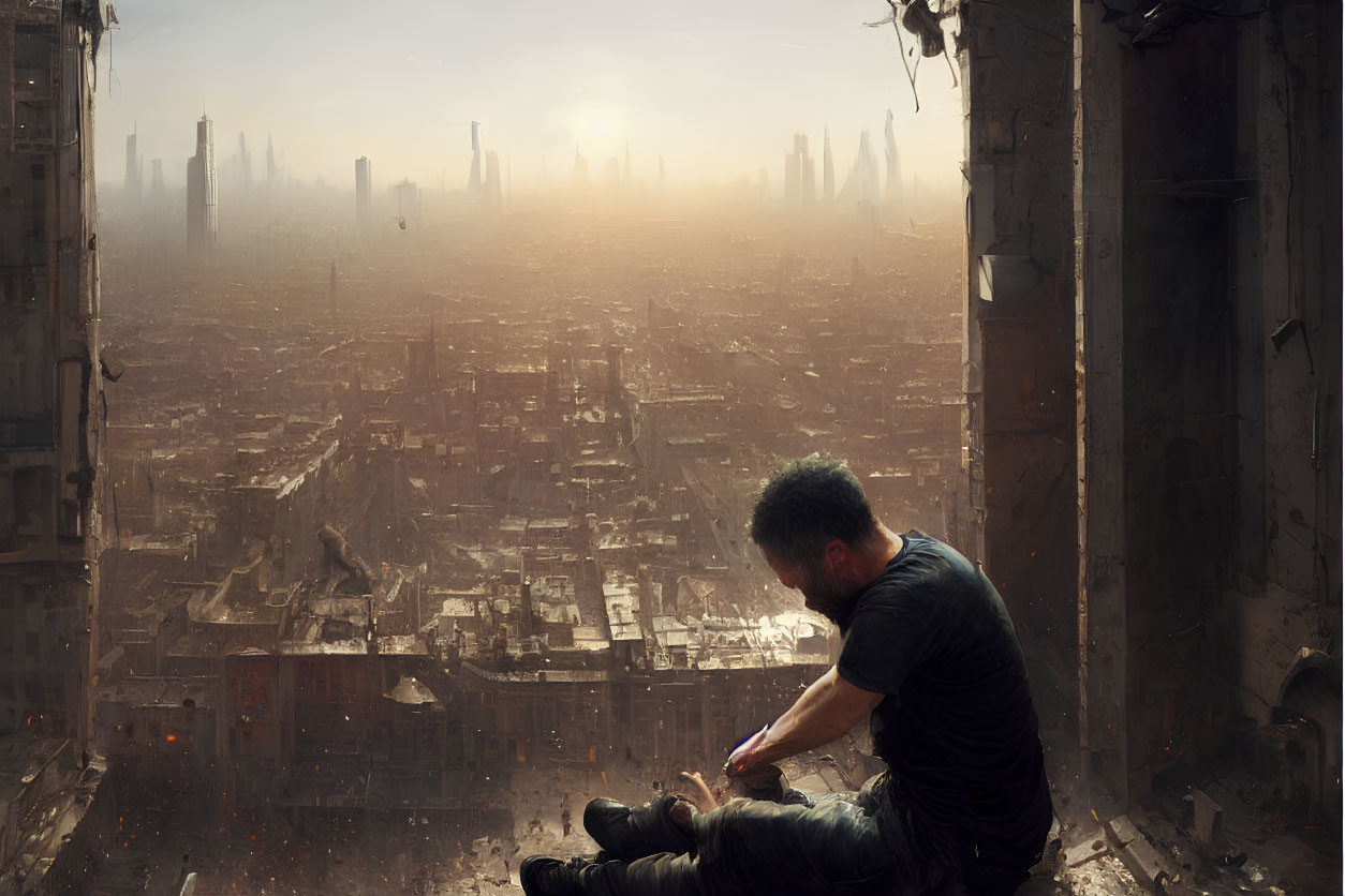 Man overlooking dystopian cityscape from building ledge