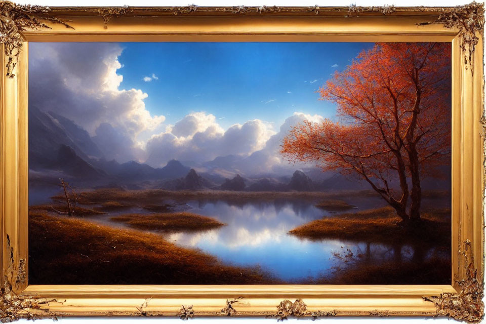 Tranquil landscape with lake, mountains, autumn tree