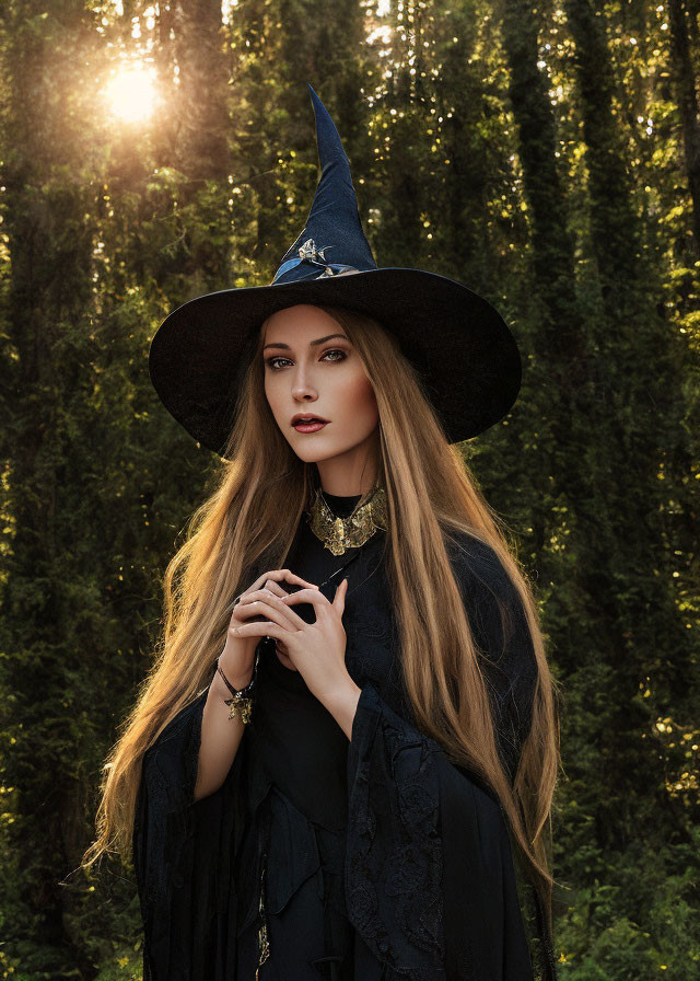 Woman in black witch costume in forest with sunlight filtering through trees