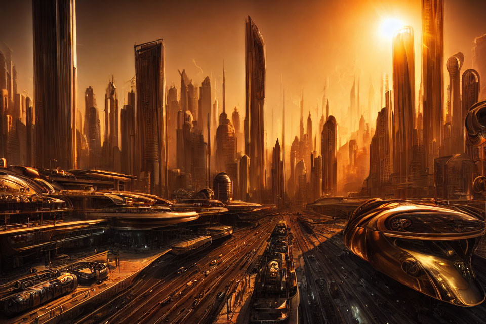 Futuristic cityscape with skyscrapers and flying vehicles