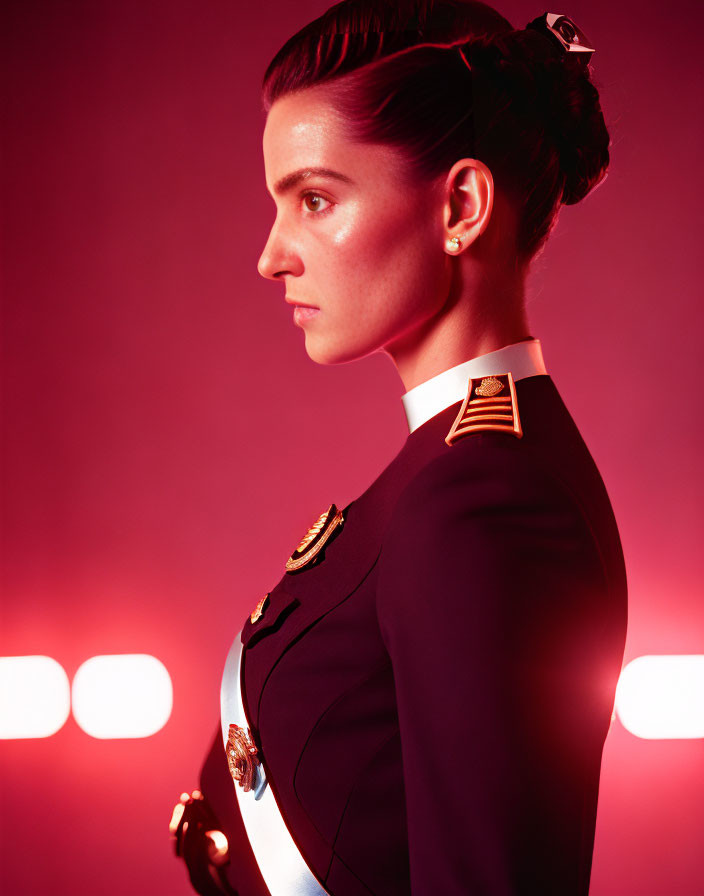 Female in military-style attire with bun hairstyle, set against red backdrop with blurred lights.