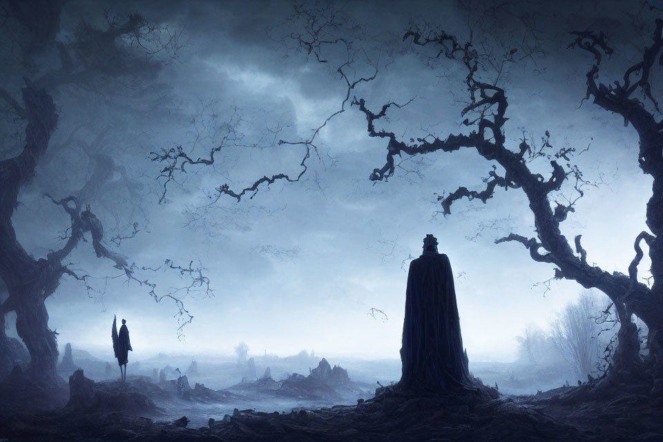 Barren trees and cloaked figures in desolate landscape under blue sky