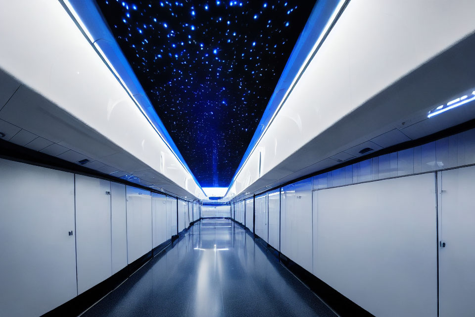 Modern corridor with starry ceiling lighting and reflective floor