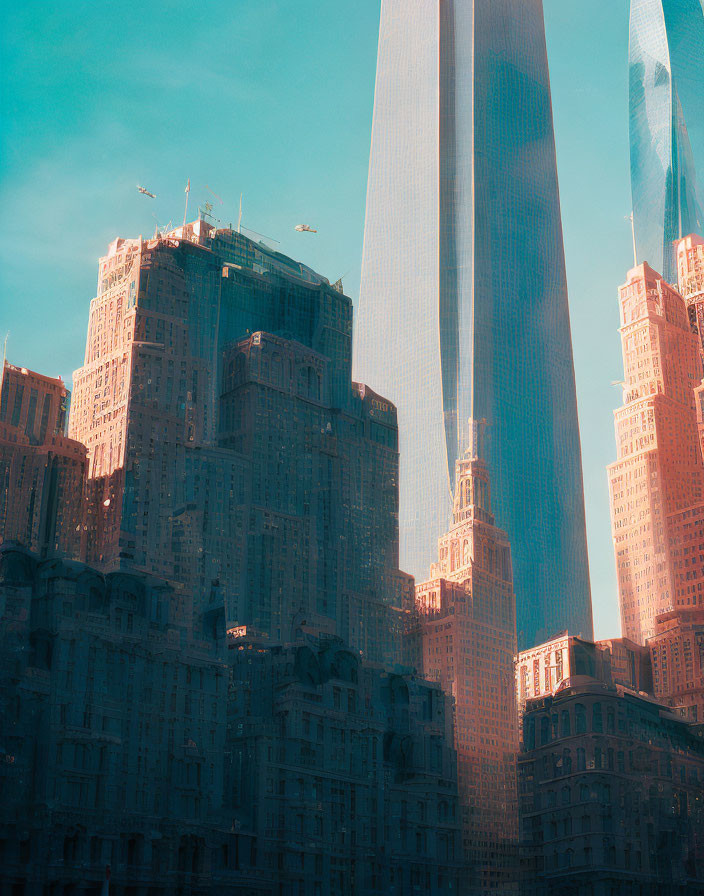 Cityscape with skyscrapers and glass tower under clear blue sky.