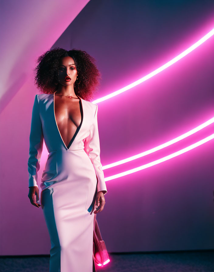 Stylish woman in white suit against purple neon-lit wall