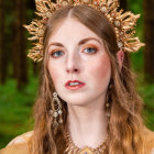 Blue-eyed woman with curly hair in golden leaf crown and jewelry on green leafy background