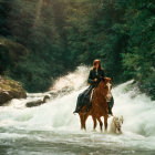 Cowboy hat person rides horse with dog in snowy forest trail.