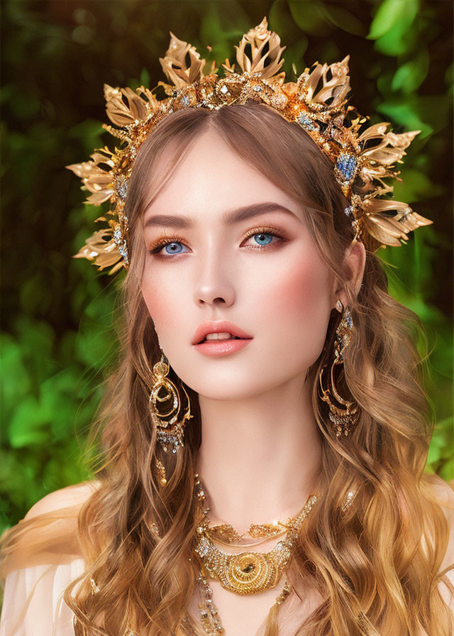 Blue-eyed woman with curly hair in golden leaf crown and jewelry on green leafy background