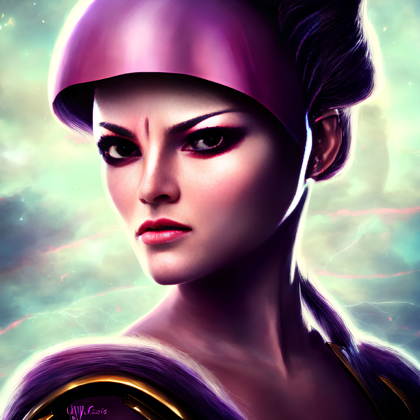 Digital Artwork: Fierce Woman in Purple Helmet on Cosmic Background