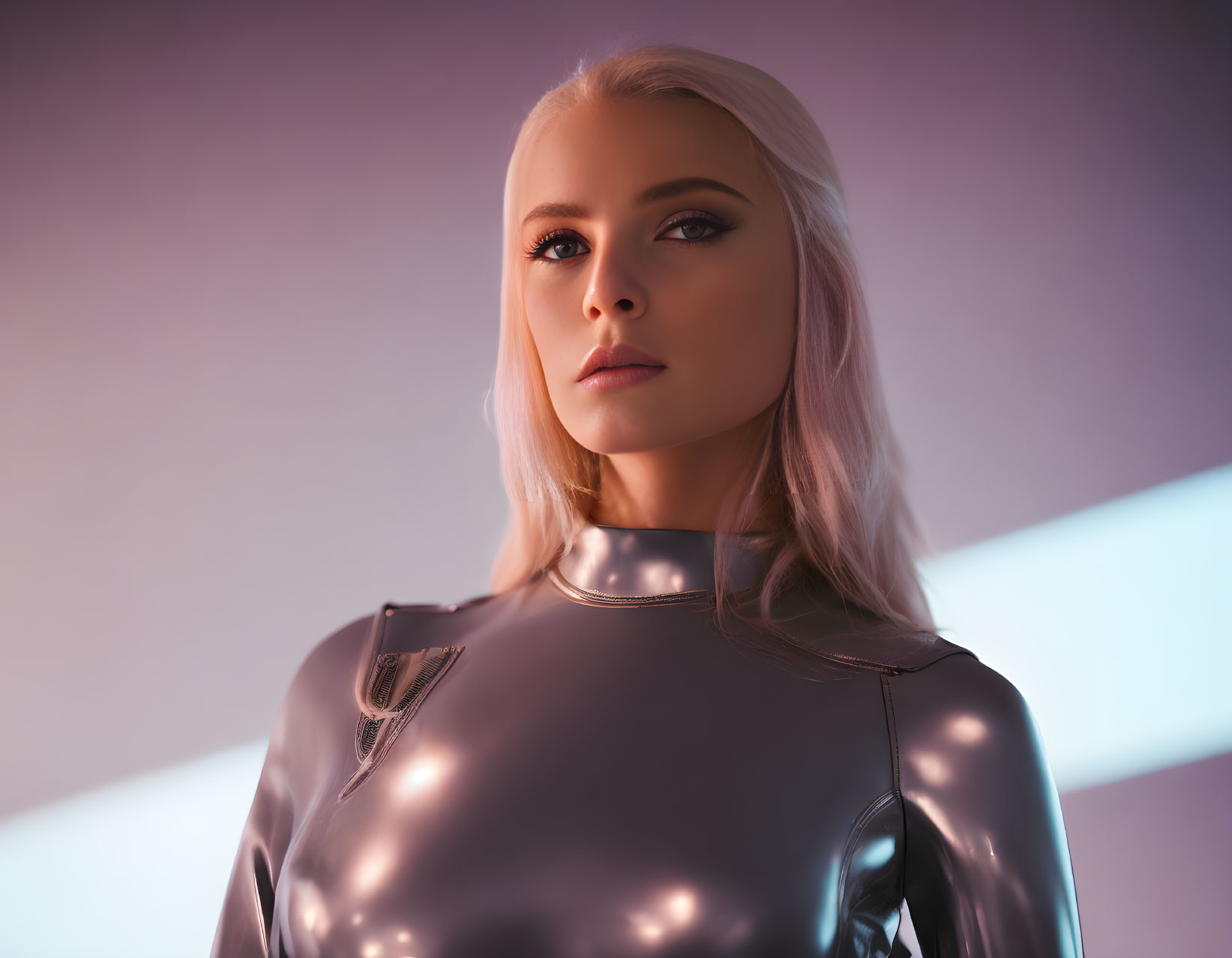 Blonde woman in futuristic metallic outfit under purple lighting