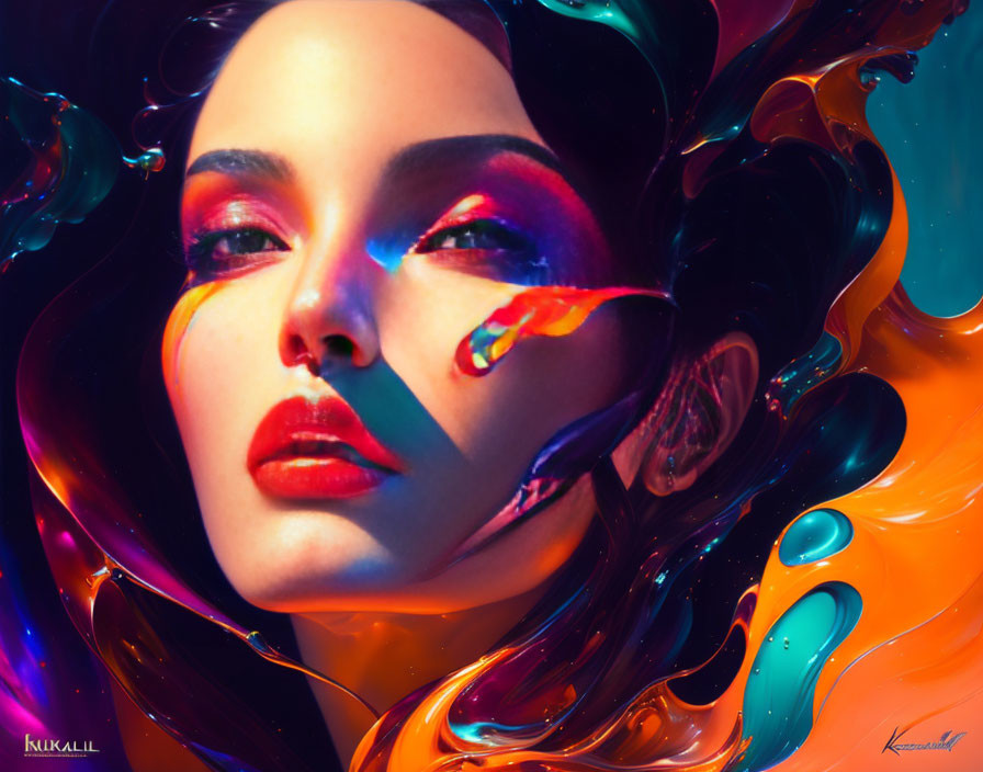 Colorful digital artwork: Woman's face in swirling liquid with striking makeup