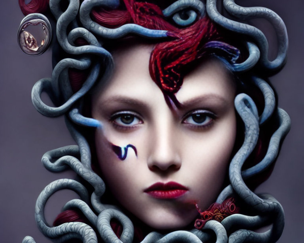 Digital artwork: Woman with Medusa-inspired hairstyle, grey & red snake twists, pale skin, red