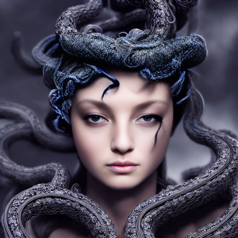 Serene woman with Medusa-like hair on grey backdrop