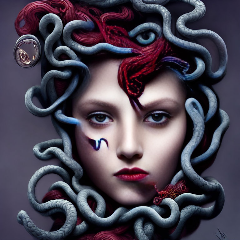 Digital artwork: Woman with Medusa-inspired hairstyle, grey & red snake twists, pale skin, red