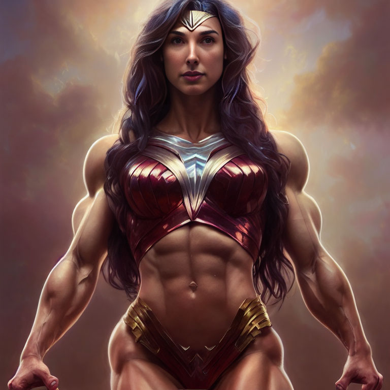 Muscular Female Superhero in Red and Gold Armor with Tiara on Mystical Background