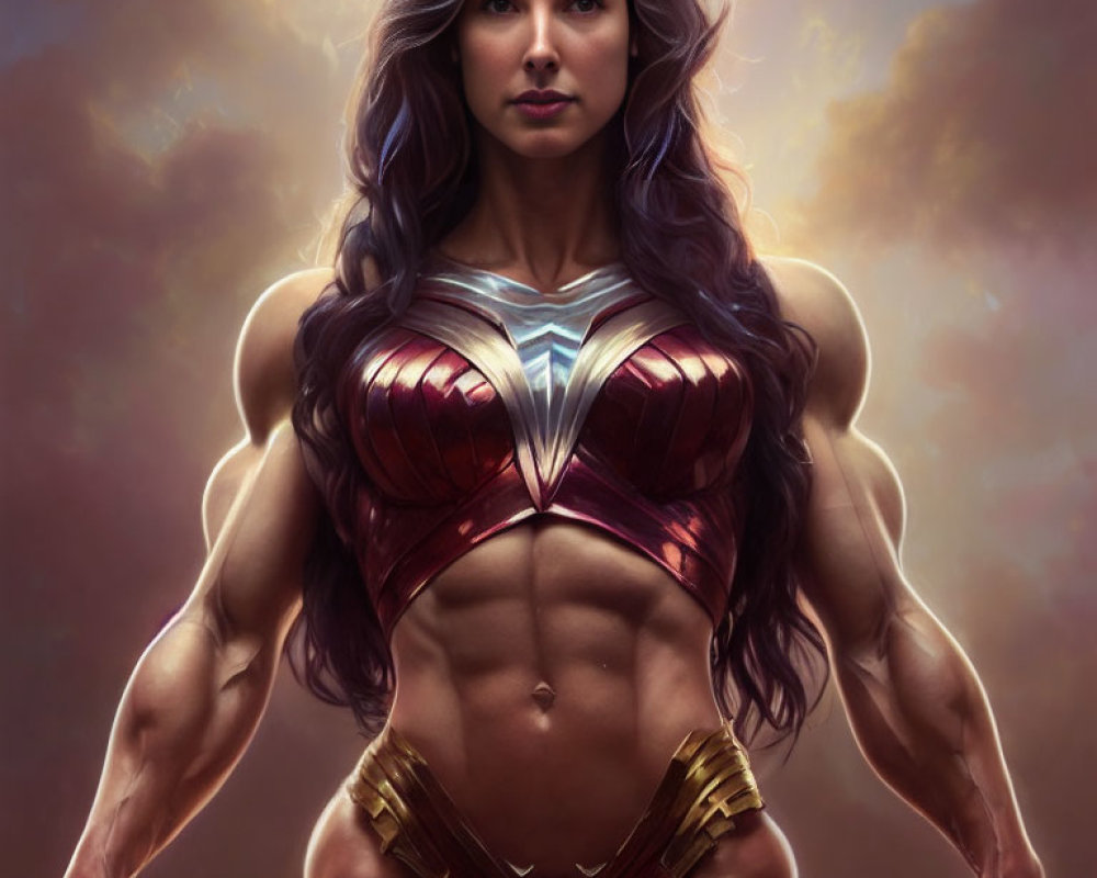 Muscular Female Superhero in Red and Gold Armor with Tiara on Mystical Background